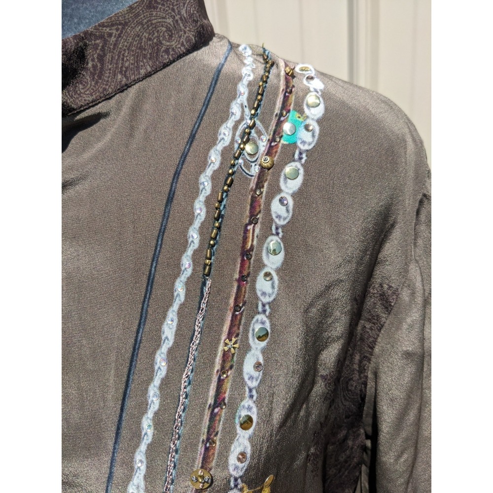 Camilla Embellished Silk Tunic Blouse L Gothic Studded Beaded Rosary Cross FLAW - Picture 7 of 16